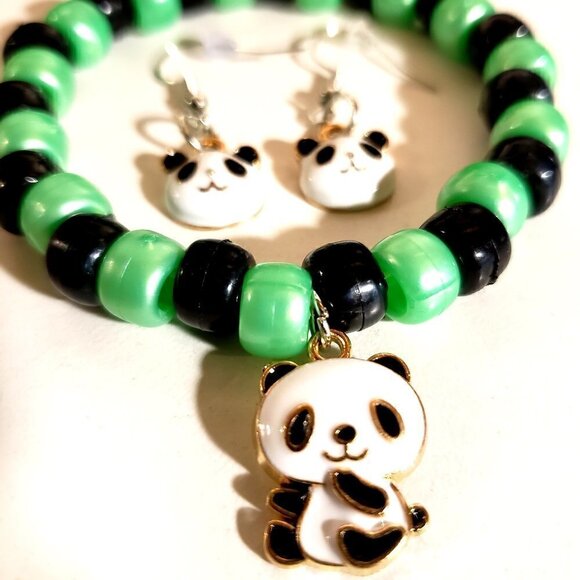 Metallic Green Panda Bracelet and Earring Set - Picture 2 of 7